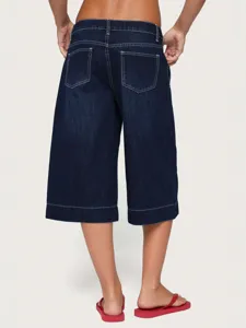 Low waist loose straight leg washed denim capri pants summer casual versatile jeans women