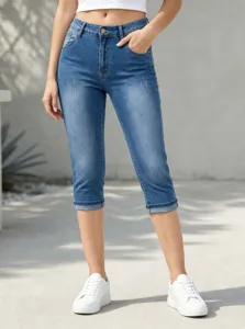 Donna vita alta stretch slim lavato denim capri jeans pantalone casual stile