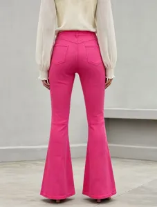 Women's high waist hot pink flare denim jeans, slim fit stretch casual trousers back view.
