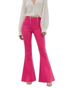 Detail view of vibrant hot pink flare jeans, high waist design and stretchy denim fabric.