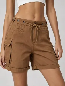 Pantaloncini Cargo di Jeans da Donna a Vita Alta Coulisse Lavati Utility Hot Pants Con Grandi Tasche Moda Streetwear Misto Cotone