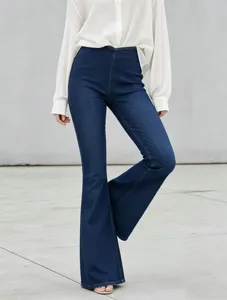 Women high waist stretch dark blue flare jeans detail view showing fit and premium denim fabric