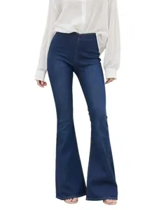 Women high waist dark blue denim flare pants, slim fit stretch bootcut jeans details.
