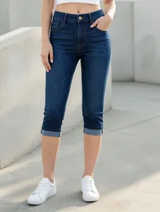 Donna vita alta elasticizzato denim pantaloni capri slim fit jeans corto estivo casual