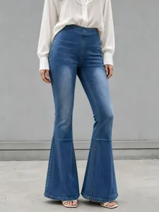 Detail view of high waist stretch denim flare pants showing slim fit and classic wash finish.