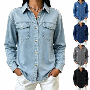 Women's denim shirt size chart showing bust shoulder sleeve and length measurements for S-XXL.