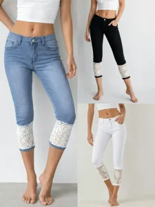 Women's Washed Stretch Cotton Polyester Cropped Jeans With Lace Hem Detail Slim Fit Mid Waist Casual Fashion Denim Pants