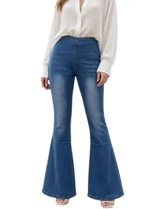 Detailed view of high waist stretch denim flare pants for women, classic blue slim fit style.