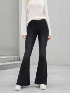 Women's high waist stretch flare jeans casual slim fit denim pants solid color trousers.