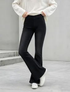 Women black stretch high waist flared jeans casual slim fit denim pants for daily wear.