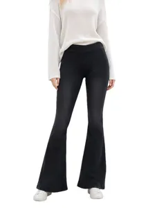 Women black stretch denim flare pants, stylish slim fit bell-bottom jeans for casual wear.