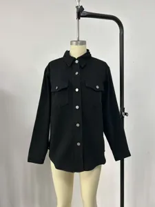 Stylish black denim jacket for women, casual long sleeve lapel outerwear with buttons.