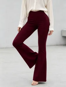 Detail view of women's stretch high-waist flare trousers in burgundy, stylish and slim fit.