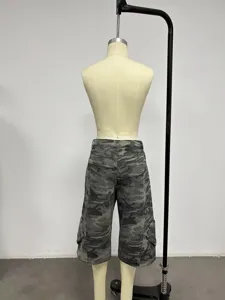 Women's camouflage cargo denim capri pants, casual loose low waist summer streetwear.