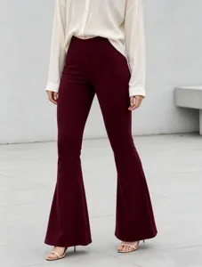 Detailed close-up view of womens high waist elastic wine red flare trousers design.