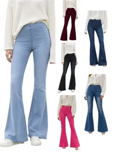 Women's High Waist Flare Jeans Cotton Blend Stretch Slim Fit Denim Trousers Solid Color Washed Bell Bottom Pants
