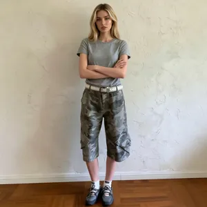 Women's loose casual camouflage cargo capris paired with grey t-shirt and white belt.