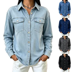Close up detail view of denim long sleeve shirt featuring classic lapel collar and buttons.