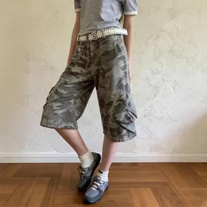 Women's casual loose camo cargo capris summer streetwear low-rise denim seven-point pants