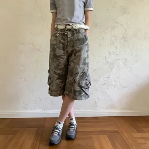 Detail view of casual camouflage cargo capri pants with multi-pockets and cool style.