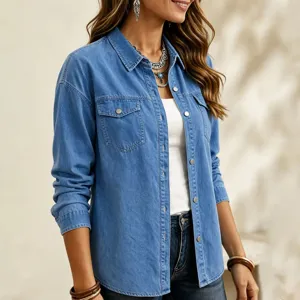 Women casual denim long sleeve shirt lapel single breasted jacket fashion everyday wear
