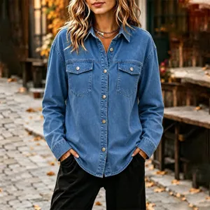 Detail shot of women casual denim jacket, long sleeves, lapel collar, metal buttons.