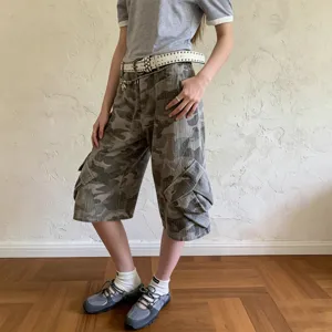 Women's camouflage cargo shorts low rise casual streetwear knee length denim trousers