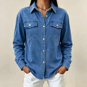 Women casual blue denim long sleeve button down lapel shirt stylish streetwear daily tops