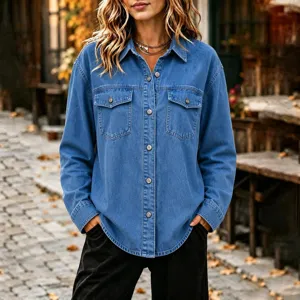 Women casual lapel single-breasted long sleeve denim jacket detail view showing fashion style.