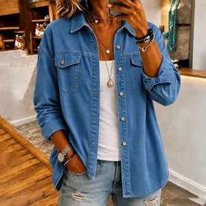 Women casual denim long sleeve button down shirt jacket with lapel design for daily wear.