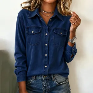 Detail view of the stylish dark blue denim long sleeve shirt, showing lapel and buttons.