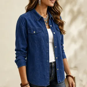 Women casual denim jacket long sleeve lapel single-breasted blue outerwear basic style