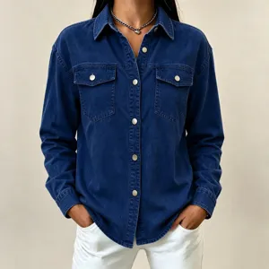 Women's dark blue denim long sleeve shirt jacket, lapel single-breasted detail view.