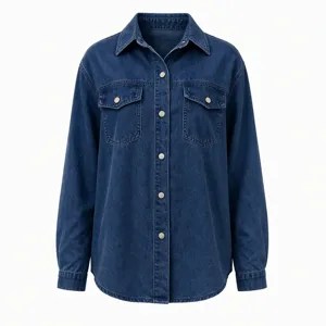 Women dark blue denim long sleeve shirt jacket casual lapel single breasted outerwear detail view