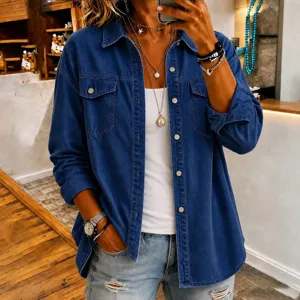 Women casual denim long sleeve shirt jacket vintage turn down collar button down top