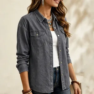 Details of women's dark grey denim jacket, lapel single-breasted long sleeve casual outerwear.