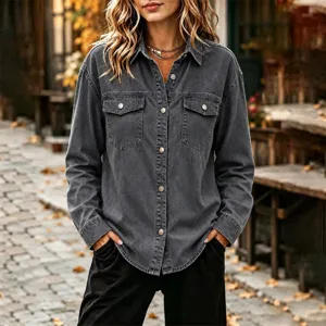 Casual lapel single-breasted long sleeve denim jacket for women, stylish and versatile.