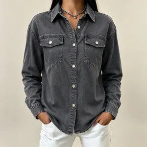 Casual women's dark grey denim long-sleeve jacket with lapel and single-breasted buttons.