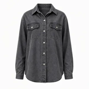 Classic dark grey washed denim long sleeve shirt jacket with lapel and button pockets.