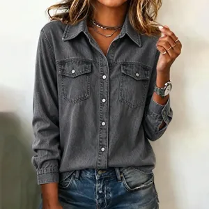 Details of the casual women's lapel denim long sleeve shirt jacket with dual chest pockets.