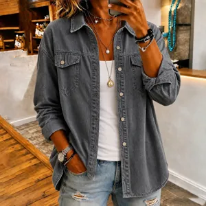 Women casual grey denim jacket with lapel collar, single-breasted buttons, and long sleeves.