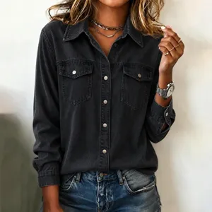Detailed view of the stylish women's dark grey denim long-sleeve shirt with chic lapel.
