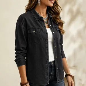 Women's long sleeve denim jacket casual button down lapel outerwear dark grey