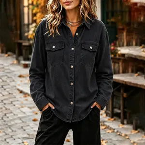 Women's casual dark denim long-sleeve jacket with lapel and single-breasted button-up design.