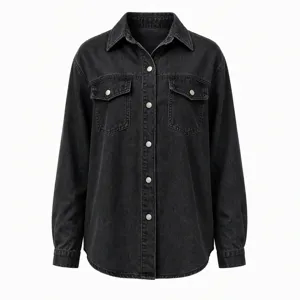 Classic black denim long sleeve shirt jacket for women with lapel and button closure.
