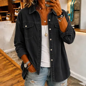 Women casual lapel single breasted dark gray denim long sleeve jacket fashion outerwear