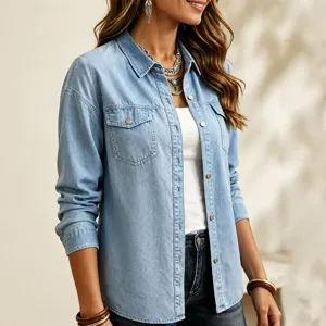 Casual long sleeve denim jacket lapel single breasted women outerwear fashion shirt top