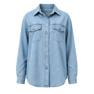 Details of light blue denim shirt featuring lapel, single-breasted buttons, and dual chest pockets.