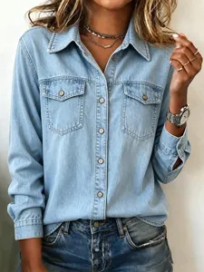 Casual light blue denim long sleeve shirt for women with classic lapel and button front.