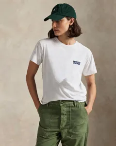 Women casual white short sleeve t-shirt with blue letter print retro basic crewneck top